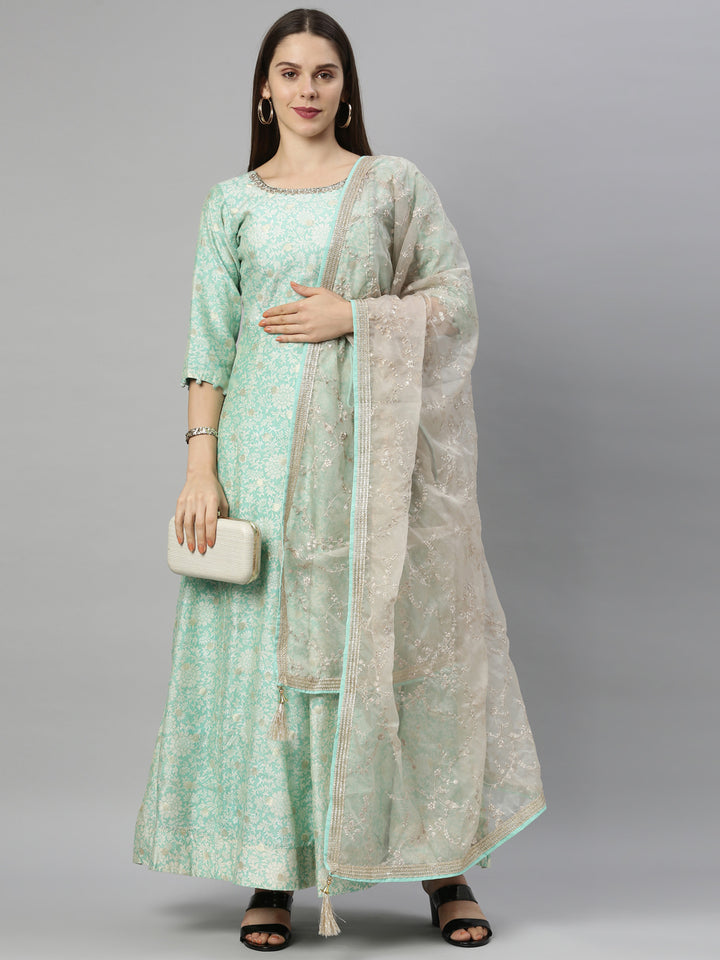 Neerus Green Chanderi Embroidered Anarkali Suit Set - front view