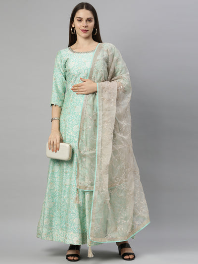 Neeru'S Sea Green Color, Chanderi Fabric Suit-Anarkali