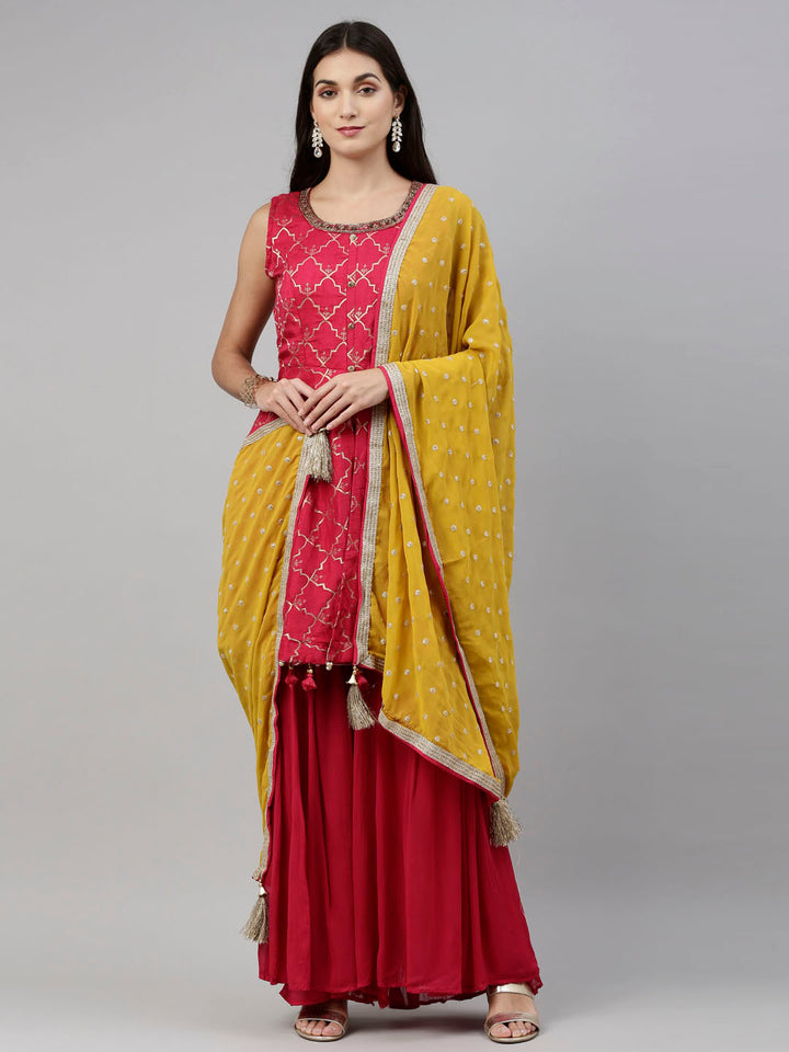 Neerus Pink Banarasi woven anarkali suit set - front view