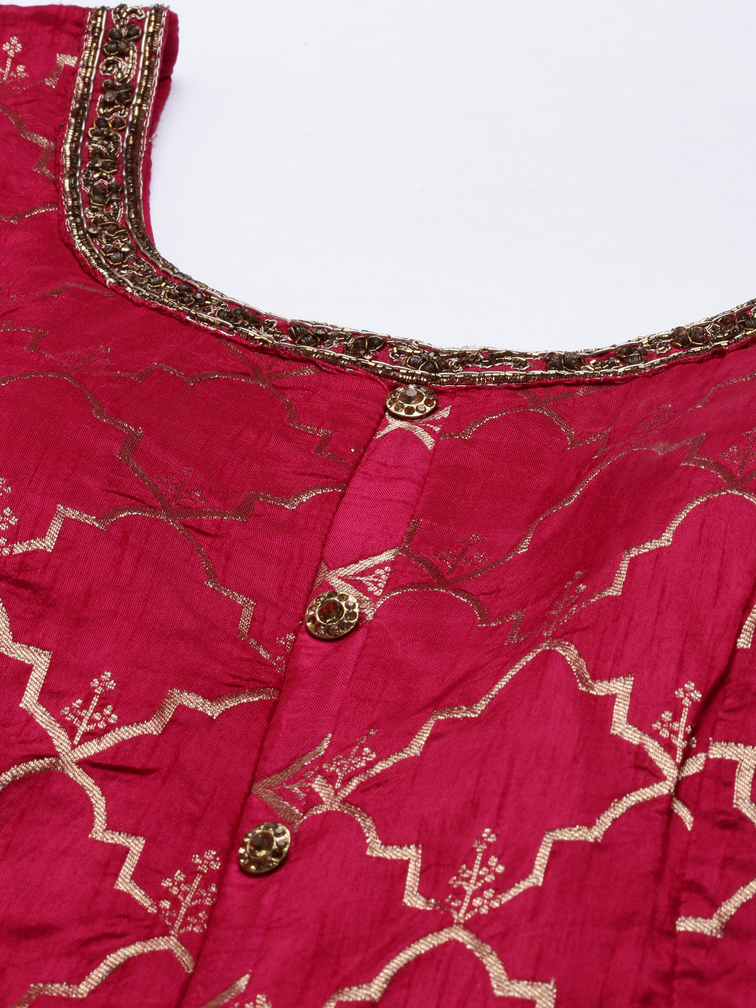 Neeru's Rani Color Banaras Fabric Suit-Short Anarkali