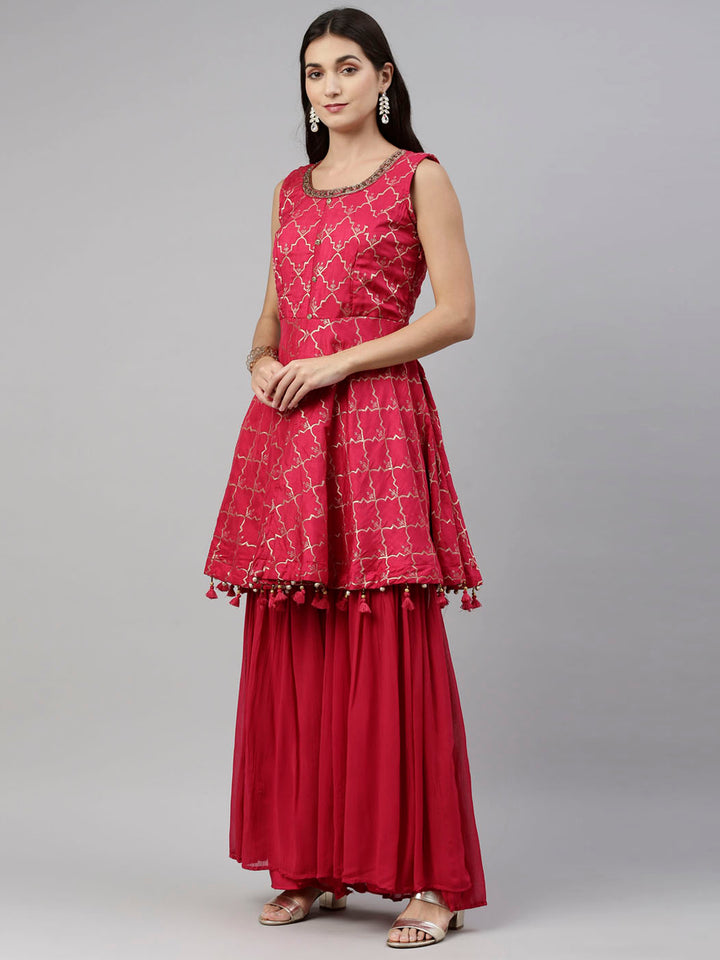 Neerus Pink Banarasi woven anarkali suit set - side view