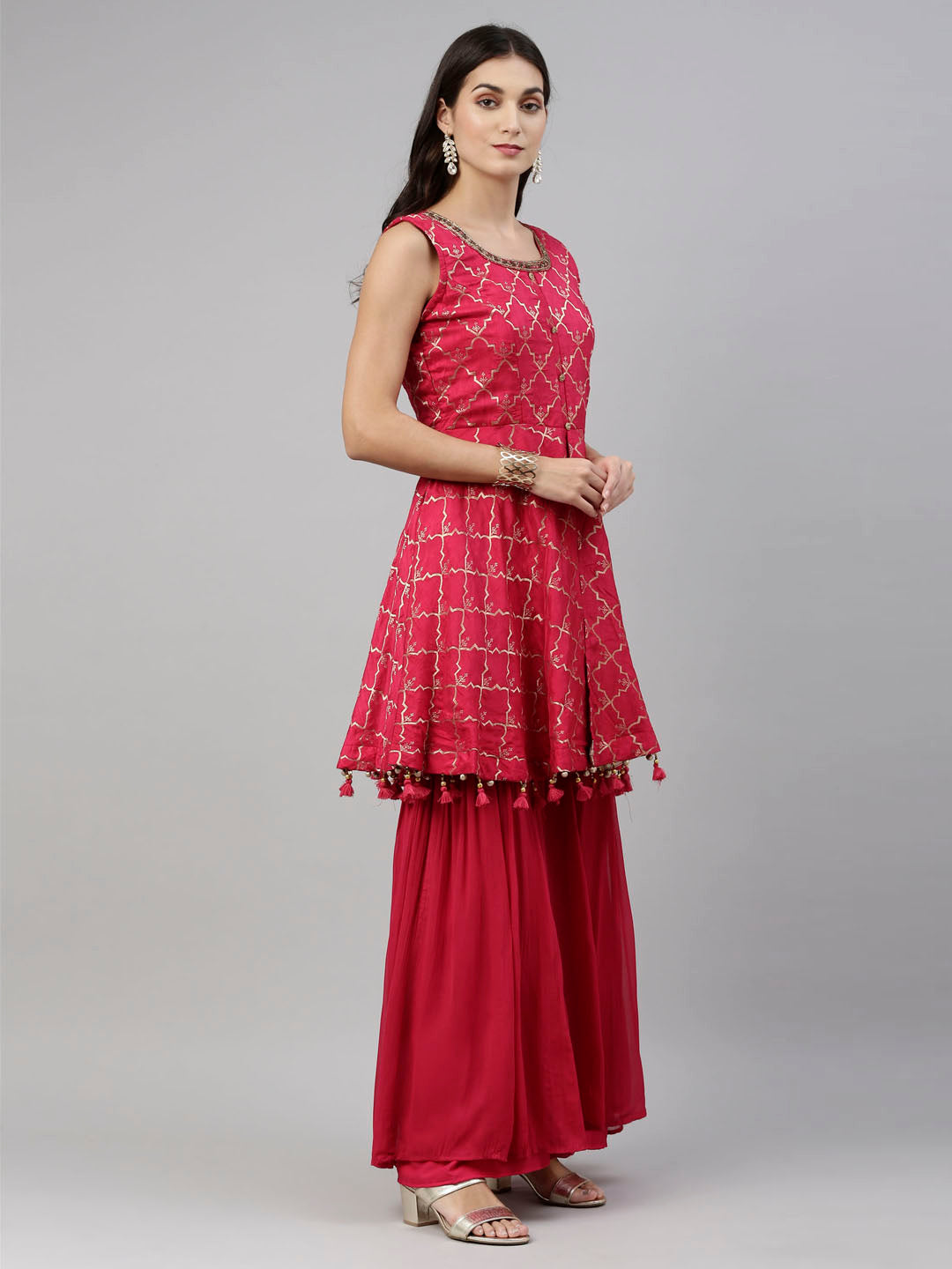 Neerus Pink Banarasi woven anarkali suit set - detail view 1