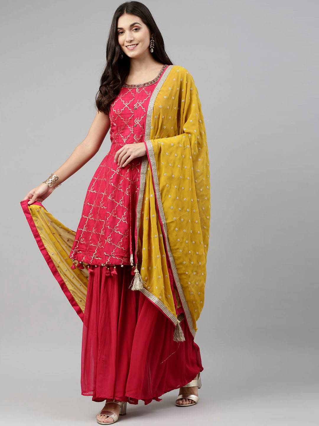 Neeru's Rani Color Banaras Fabric Suit-Short Anarkali