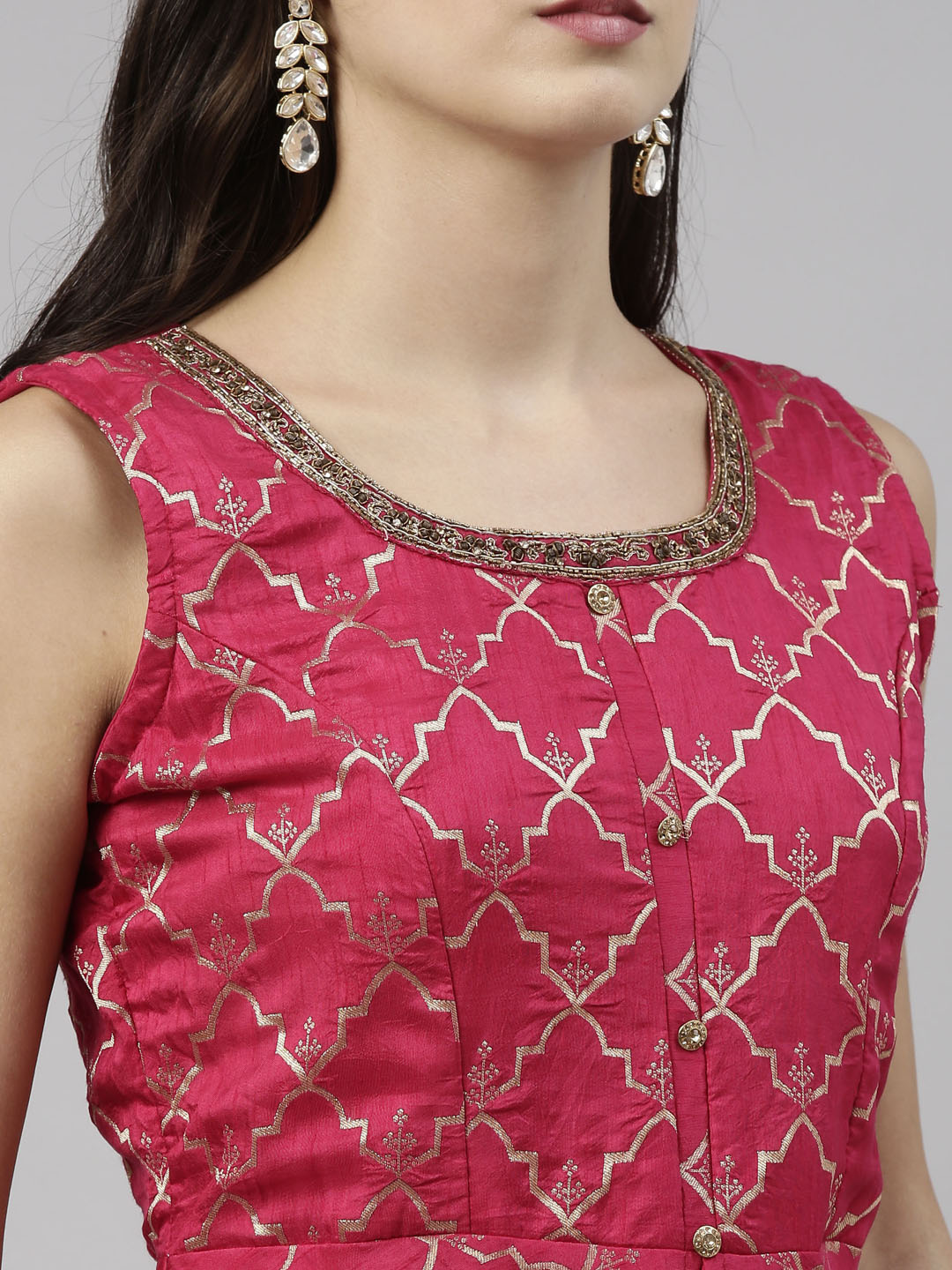Neerus Pink Banarasi woven anarkali suit set - detail view 6