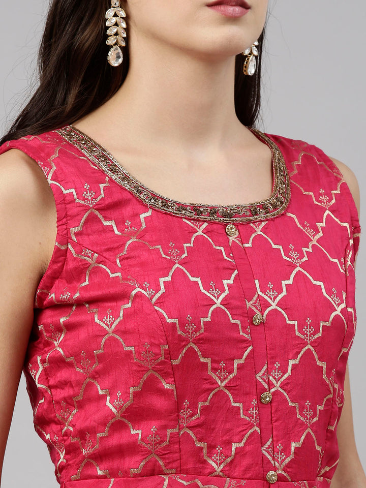 Neerus Pink Banarasi woven anarkali suit set - detail view 6