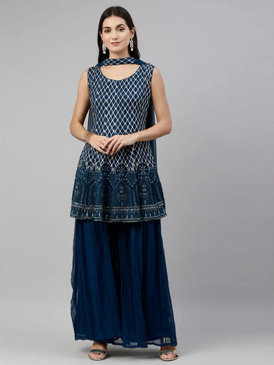 Neeru'S Blue Color, Georgette Fabric Suit-Short Anarkali