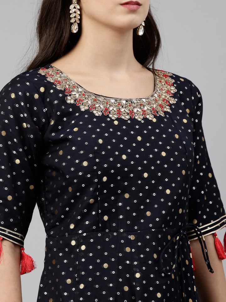Neerus Blue Chanderi Embroidered Anarkali Suit Set - side view