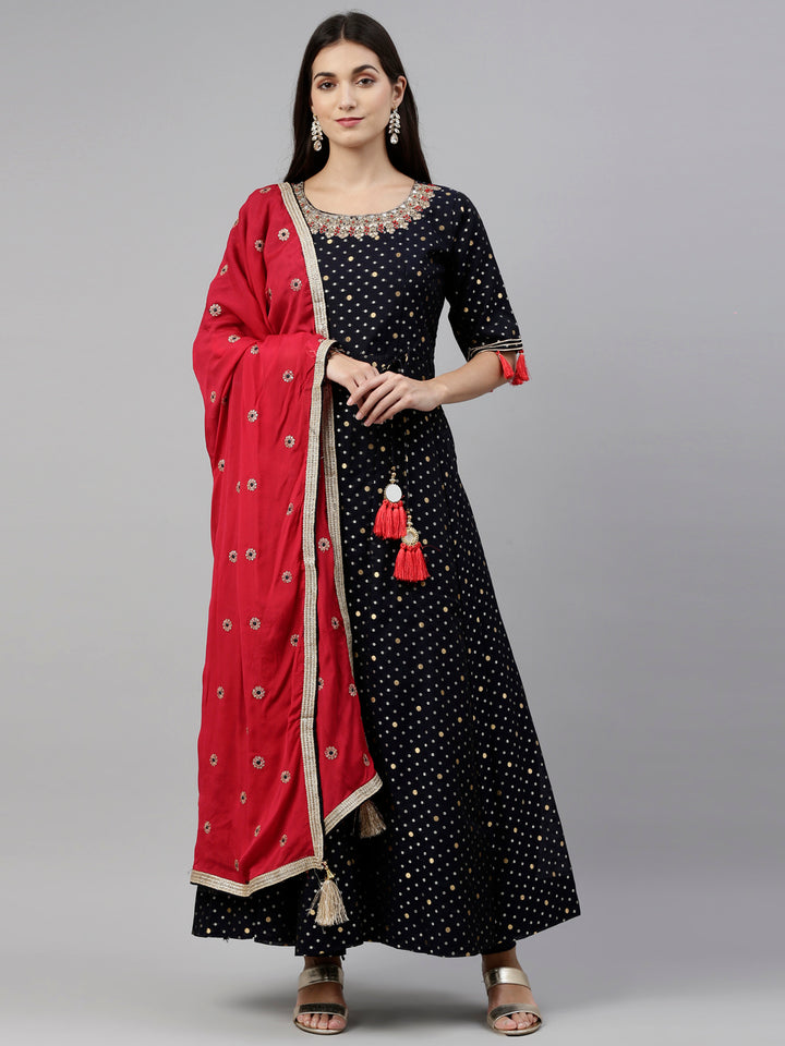 Neerus Blue Chanderi Embroidered Anarkali Suit Set - front view
