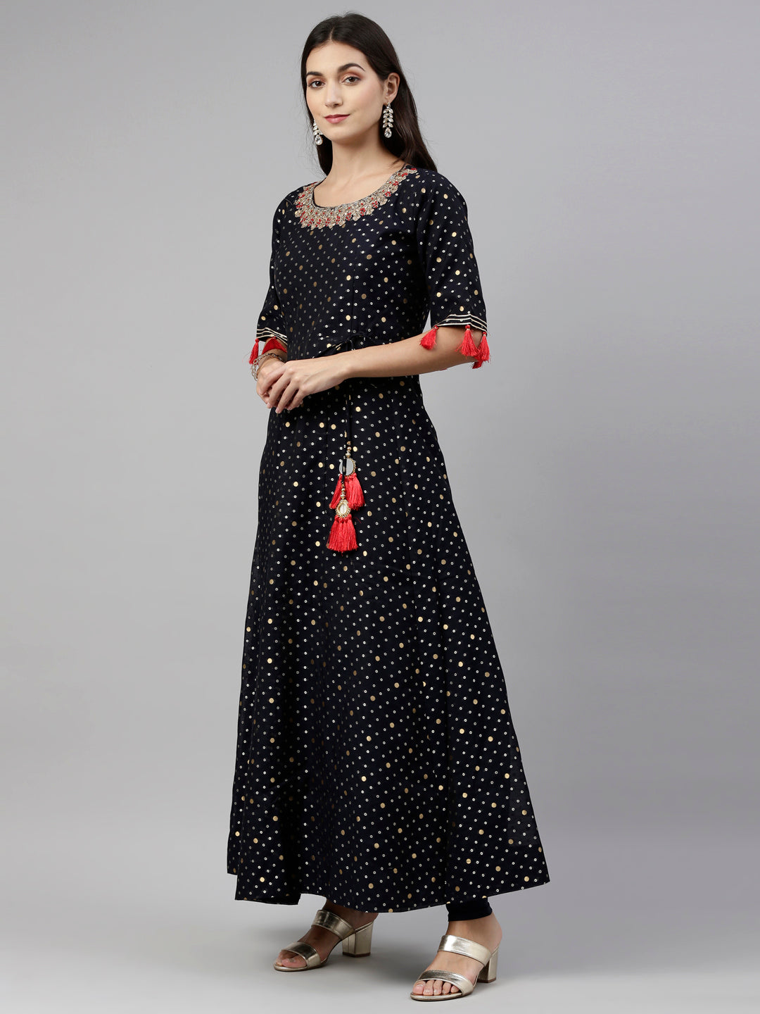 Neerus Blue Chanderi Embroidered Anarkali Suit Set - detail view 3