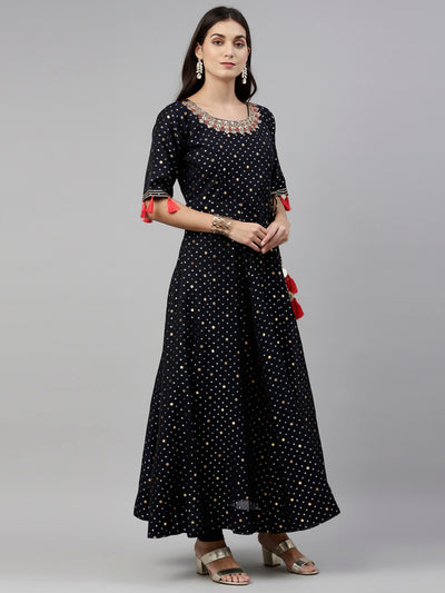 Neeru's Navy Blue Color Chanderi Fabric Suit-Anarkali