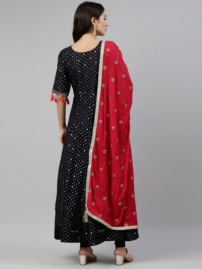 Neeru's Navy Blue Color Chanderi Fabric Suit-Anarkali