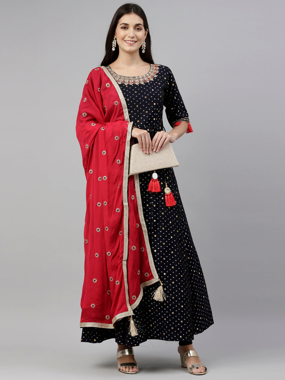 Neeru's Navy Blue Color Chanderi Fabric Suit-Anarkali