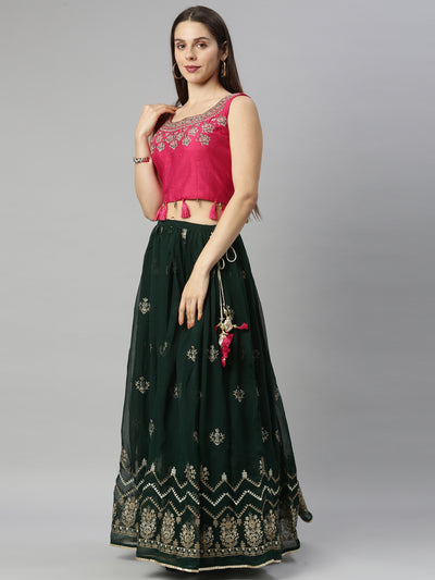 Neeru's Bottle Green Color Georgette Fabric Ghagra Set