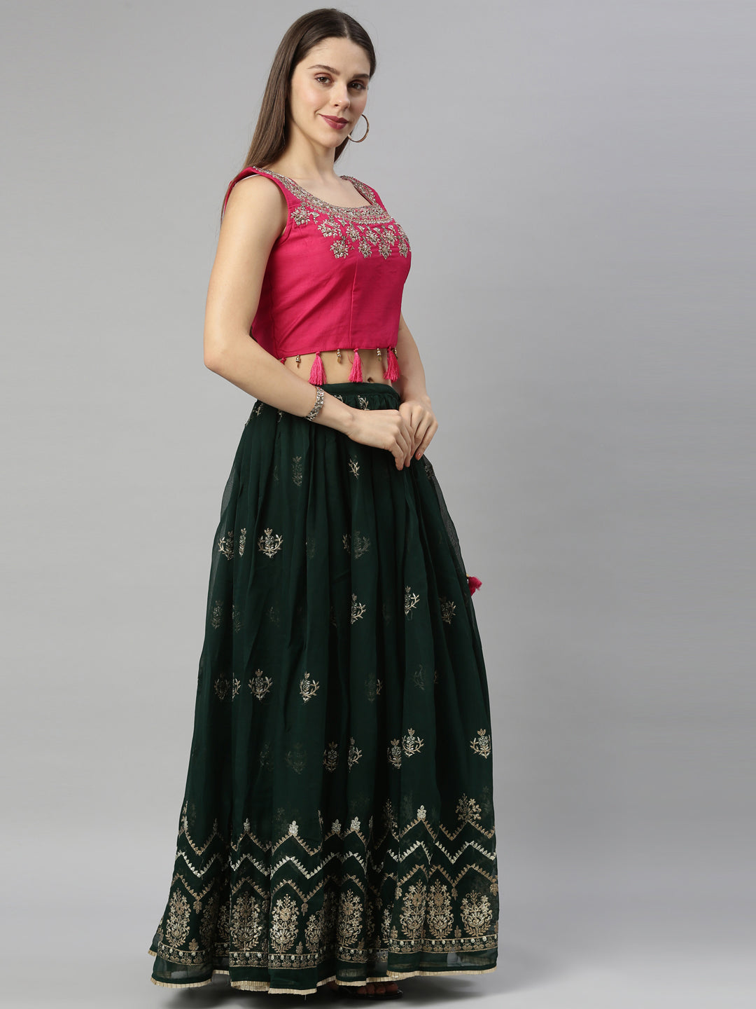 Neeru's Bottle Green Color Georgette Fabric Ghagra Set
