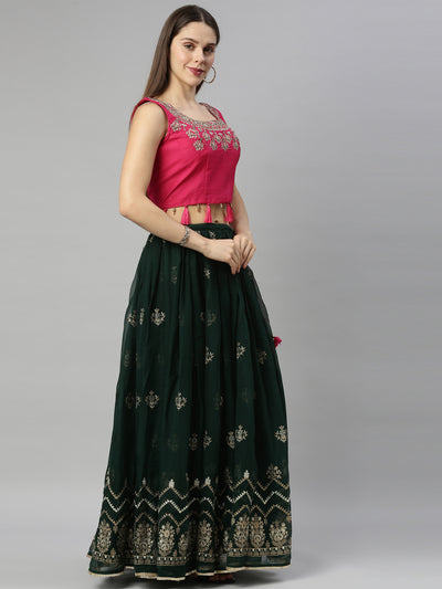 Neeru's Bottle Green Color Georgette Fabric Ghagra Set
