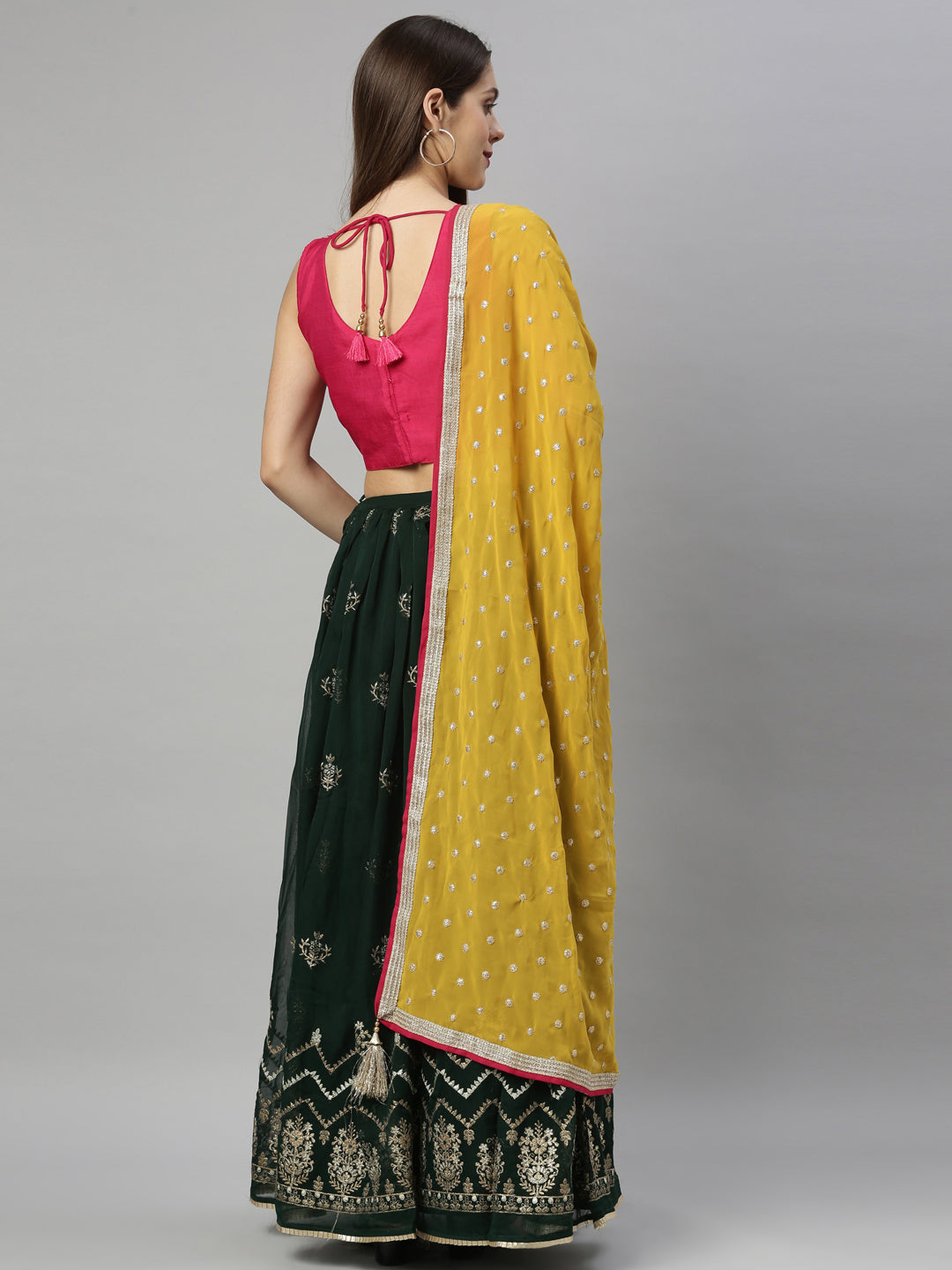 Neeru's Bottle Green Color Georgette Fabric Ghagra Set