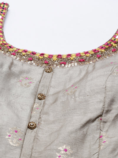 Neeru'S Grey Color, Silk Fabric Suit-Short Anarkali