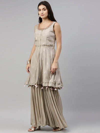 Neeru'S Grey Color, Silk Fabric Suit-Short Anarkali