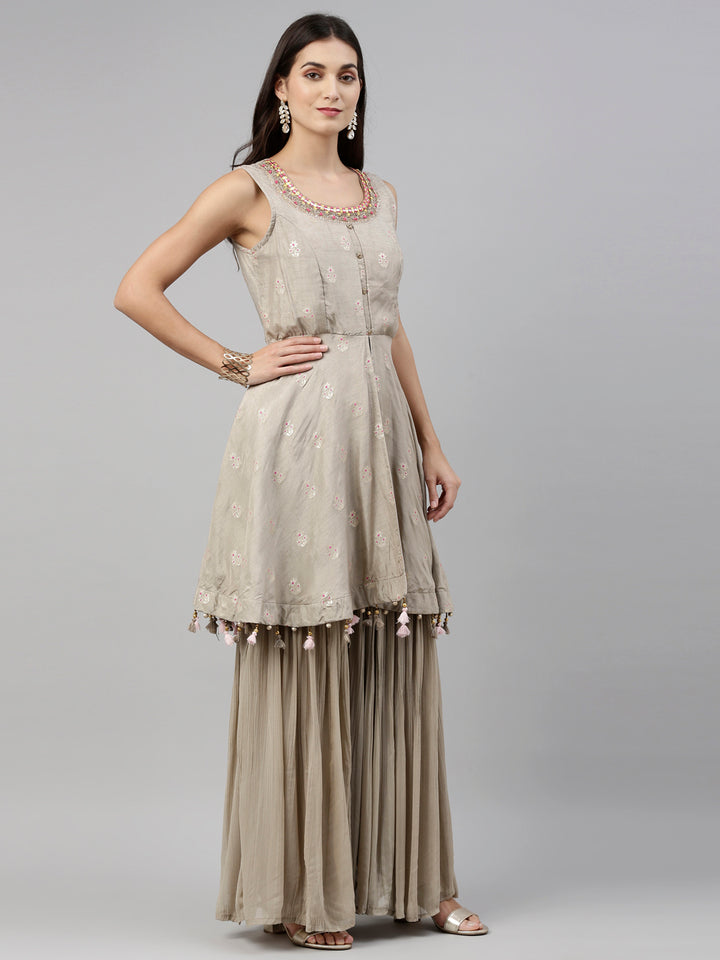 Neerus Grey silk embroidered anarkali suit set - detail view 1