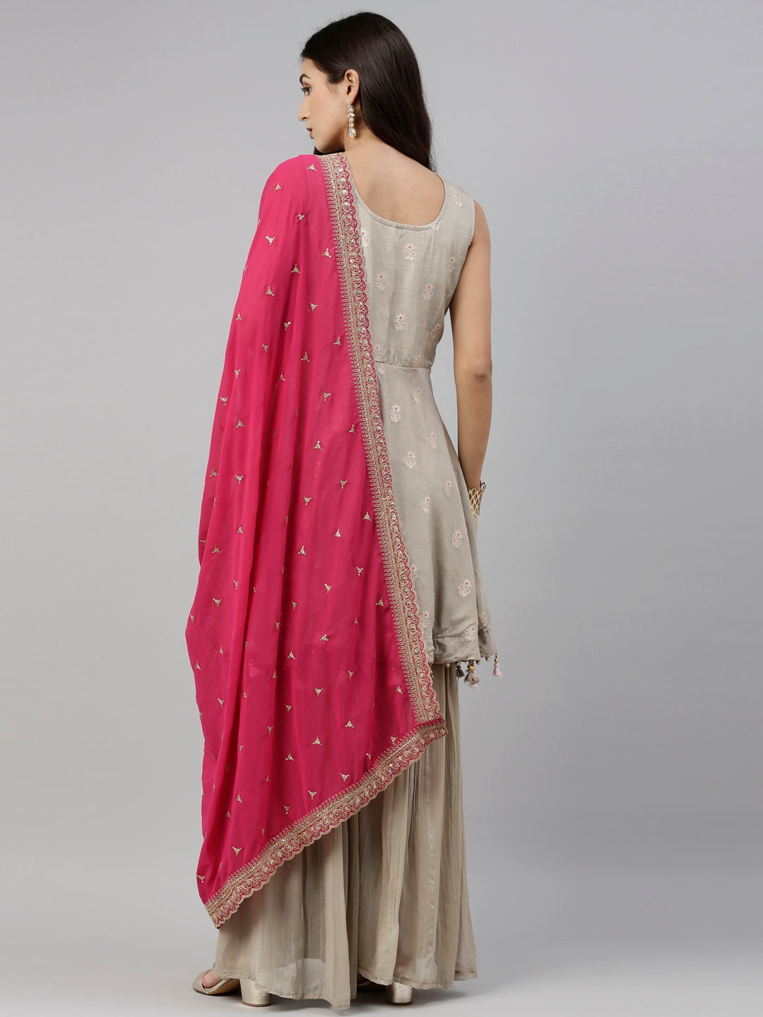 Neeru'S Grey Color, Silk Fabric Suit-Short Anarkali