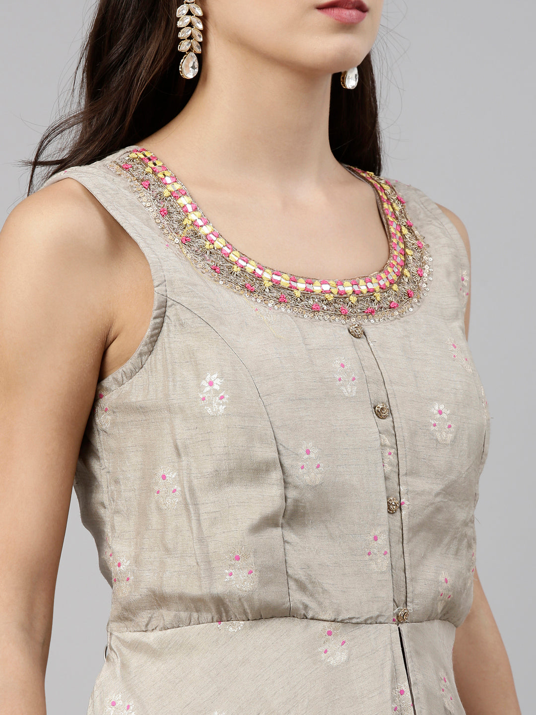 Neeru'S Grey Color, Silk Fabric Suit-Short Anarkali