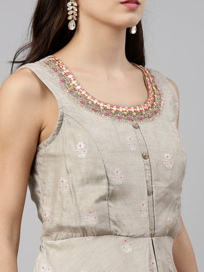 Neeru'S Grey Color, Silk Fabric Suit-Short Anarkali