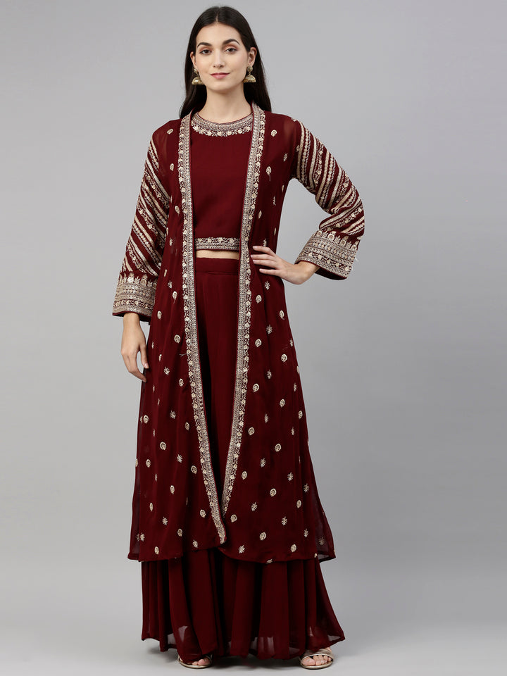 Neerus Maroon georgette fusion suit set - front view