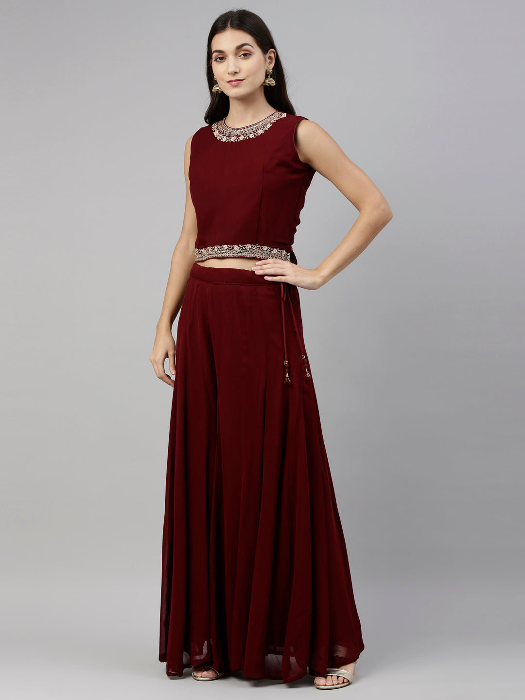 Neerus Maroon georgette fusion suit set - side view