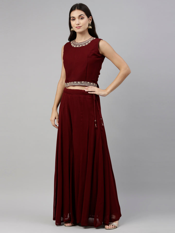 Neerus Maroon georgette fusion suit set - side view
