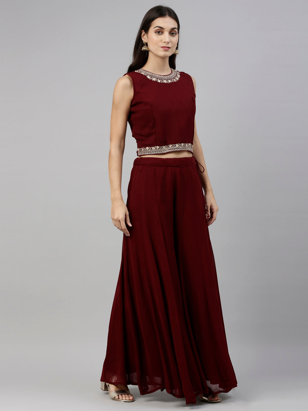 Neerus Maroon georgette fusion suit set - detail view 1
