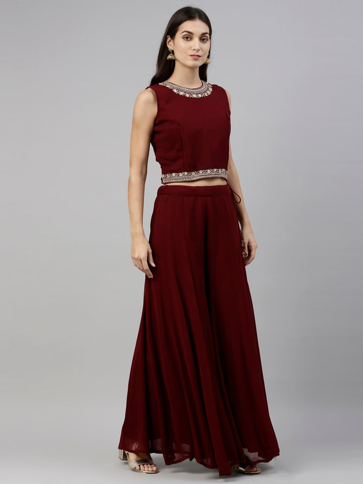 Neerus Maroon georgette fusion suit set - detail view 1