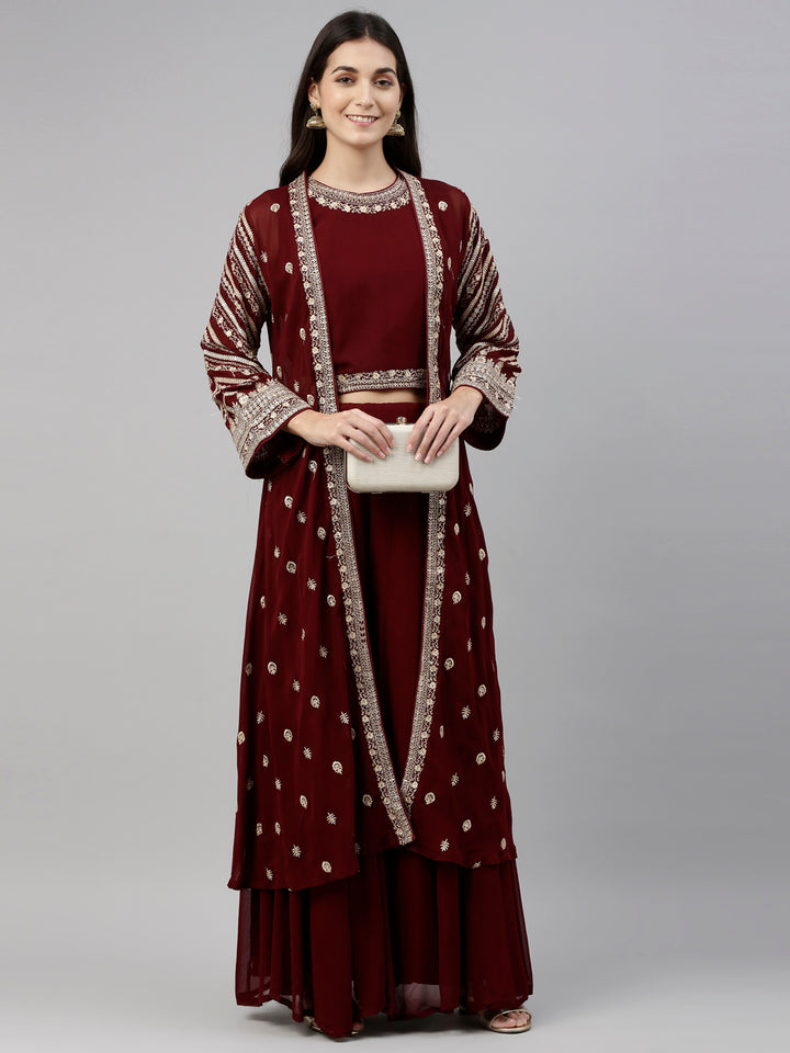 Neerus Maroon georgette fusion suit set - detail view 3