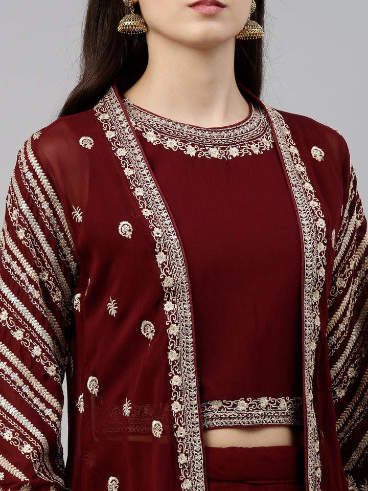 Neerus Maroon georgette fusion suit set - detail view 5