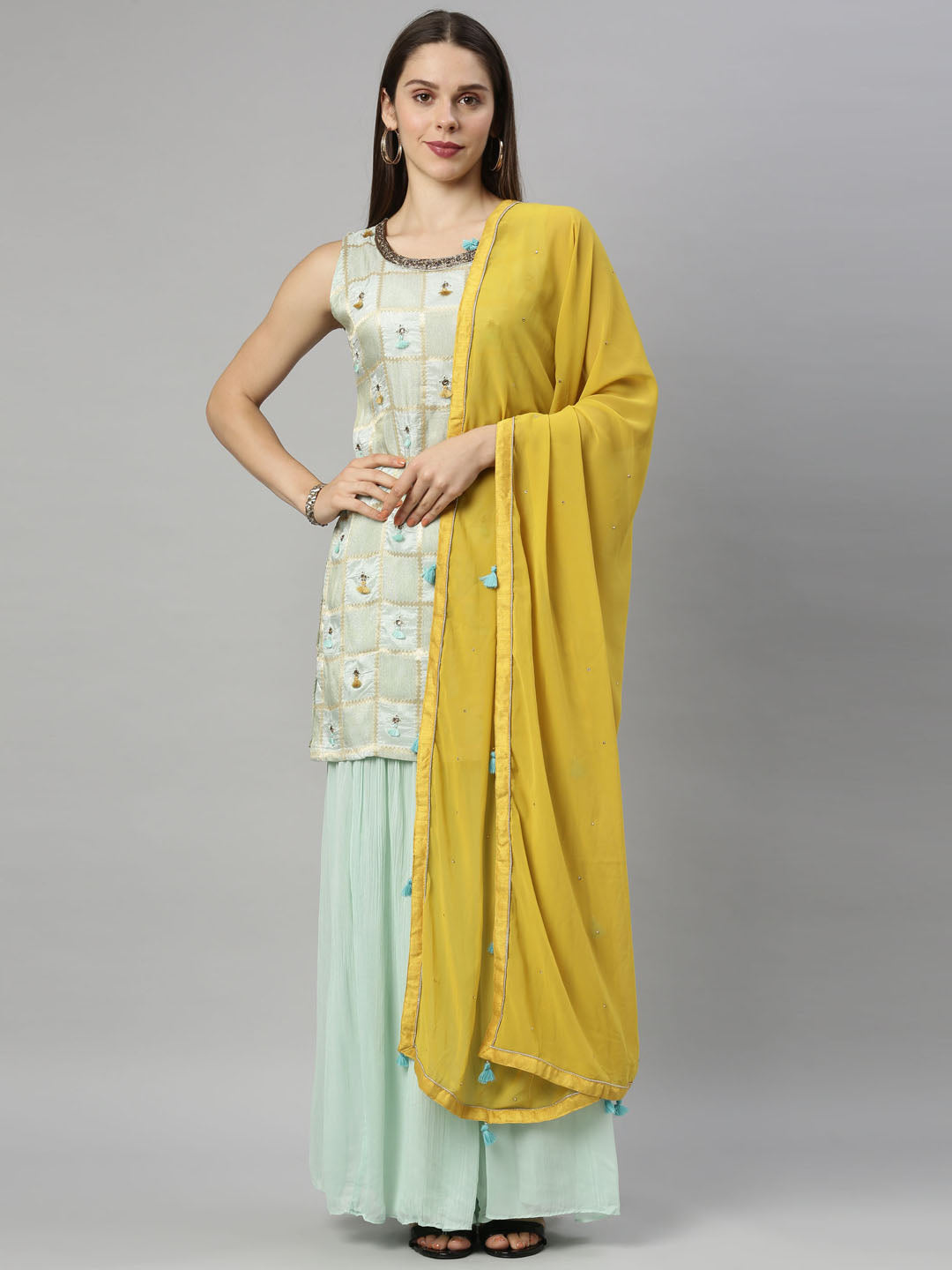 Neerus Green silk embroidered kurta set with sharara - front view