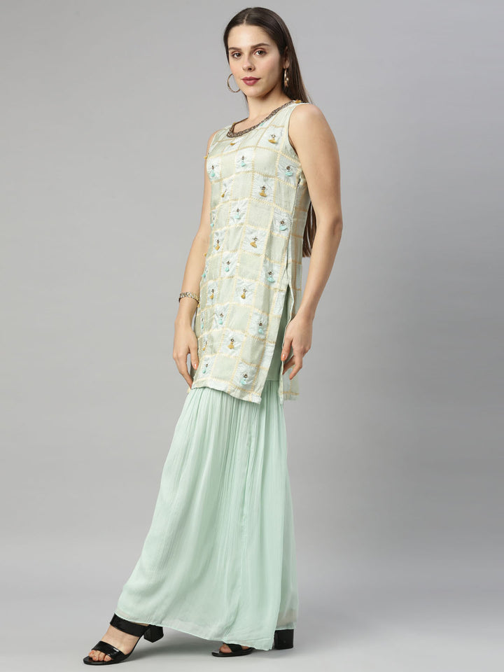 Neerus Green silk embroidered kurta set with sharara - back view