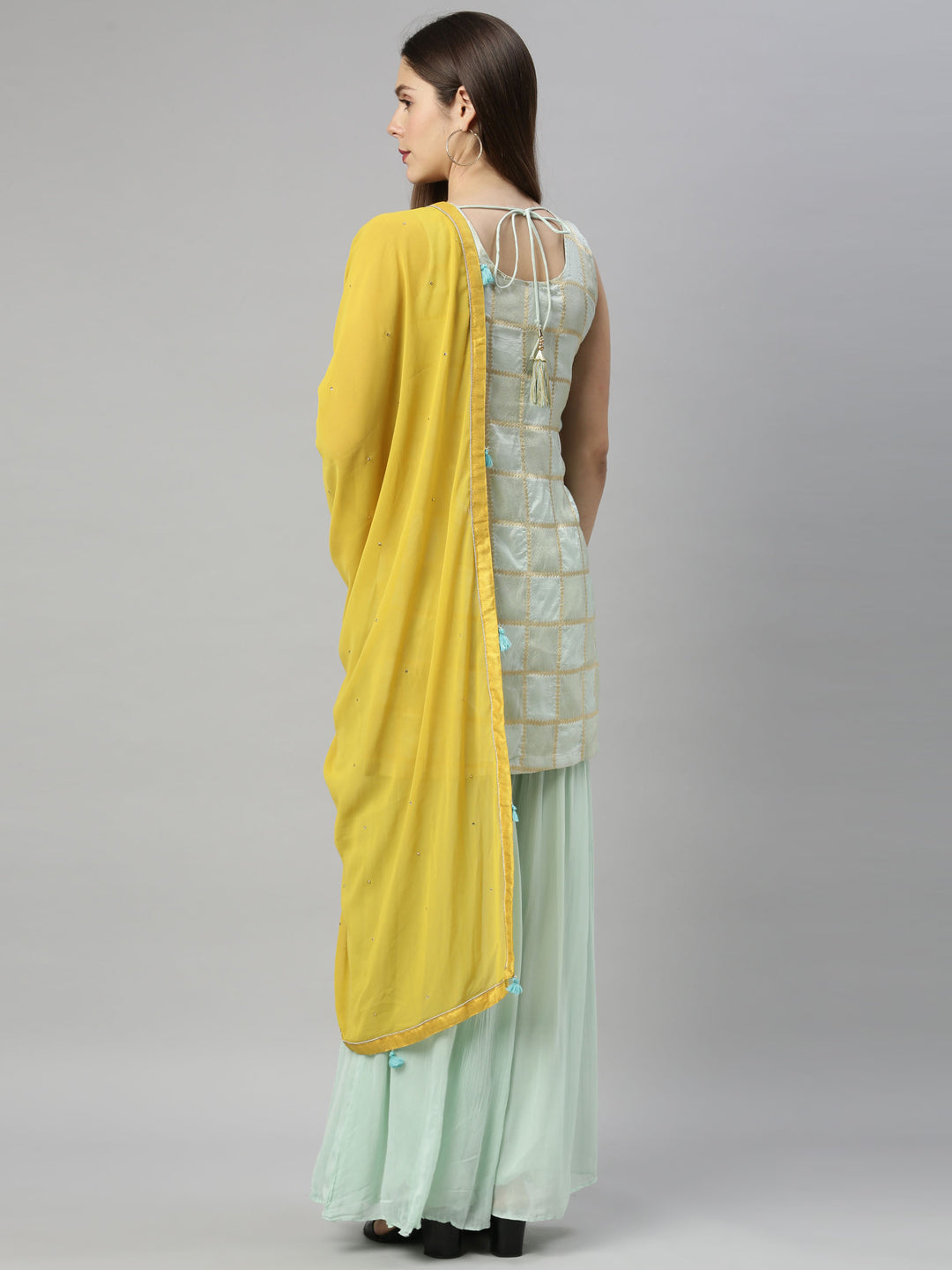 Neerus Green silk embroidered kurta set with sharara - detail view 1