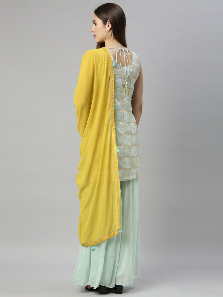 Neerus Green silk embroidered kurta set with sharara - detail view 1