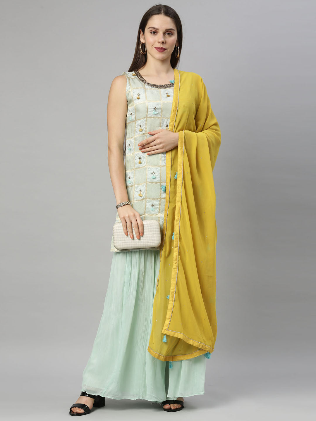 Neerus Green silk embroidered kurta set with sharara - detail view 2