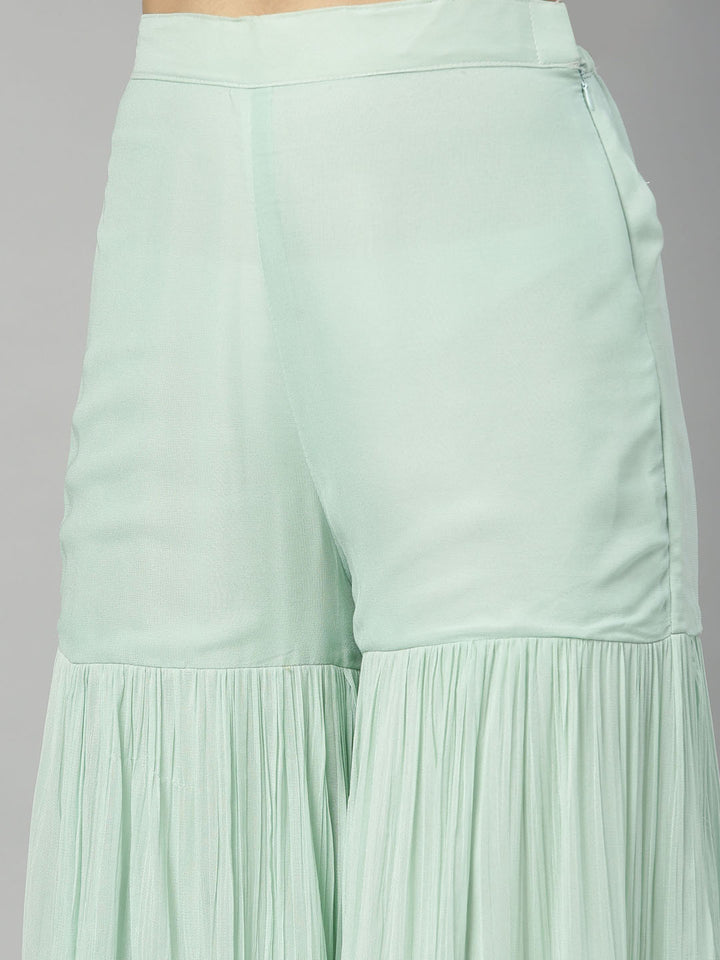 Neerus Green silk embroidered kurta set with sharara - detail view 3