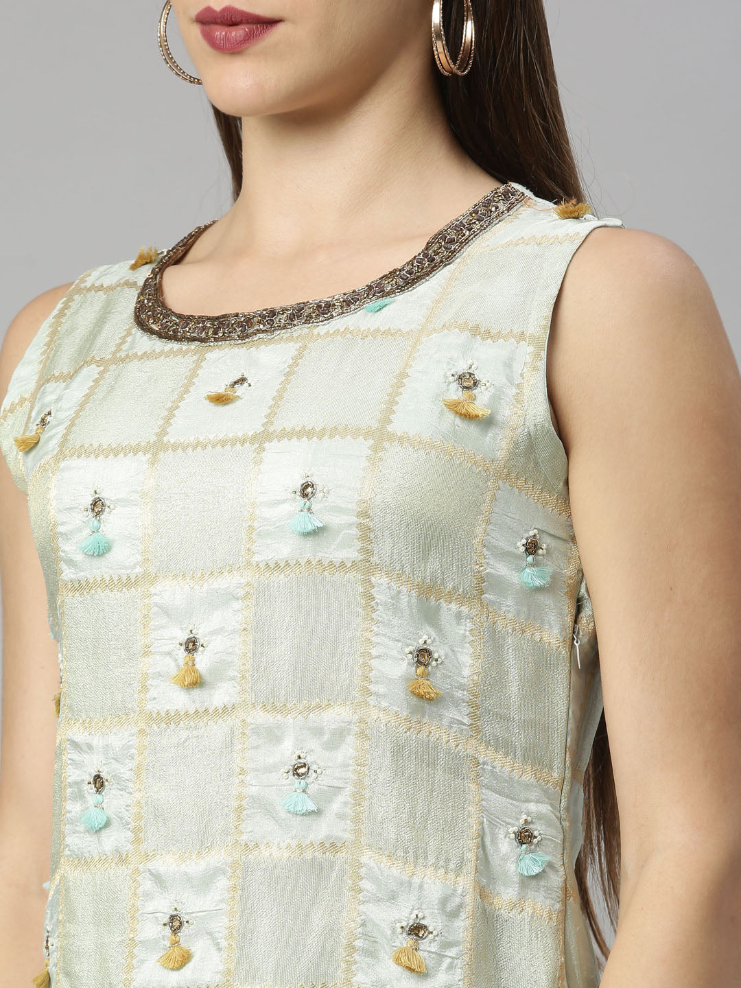 Neerus Green silk embroidered kurta set with sharara - detail view 5
