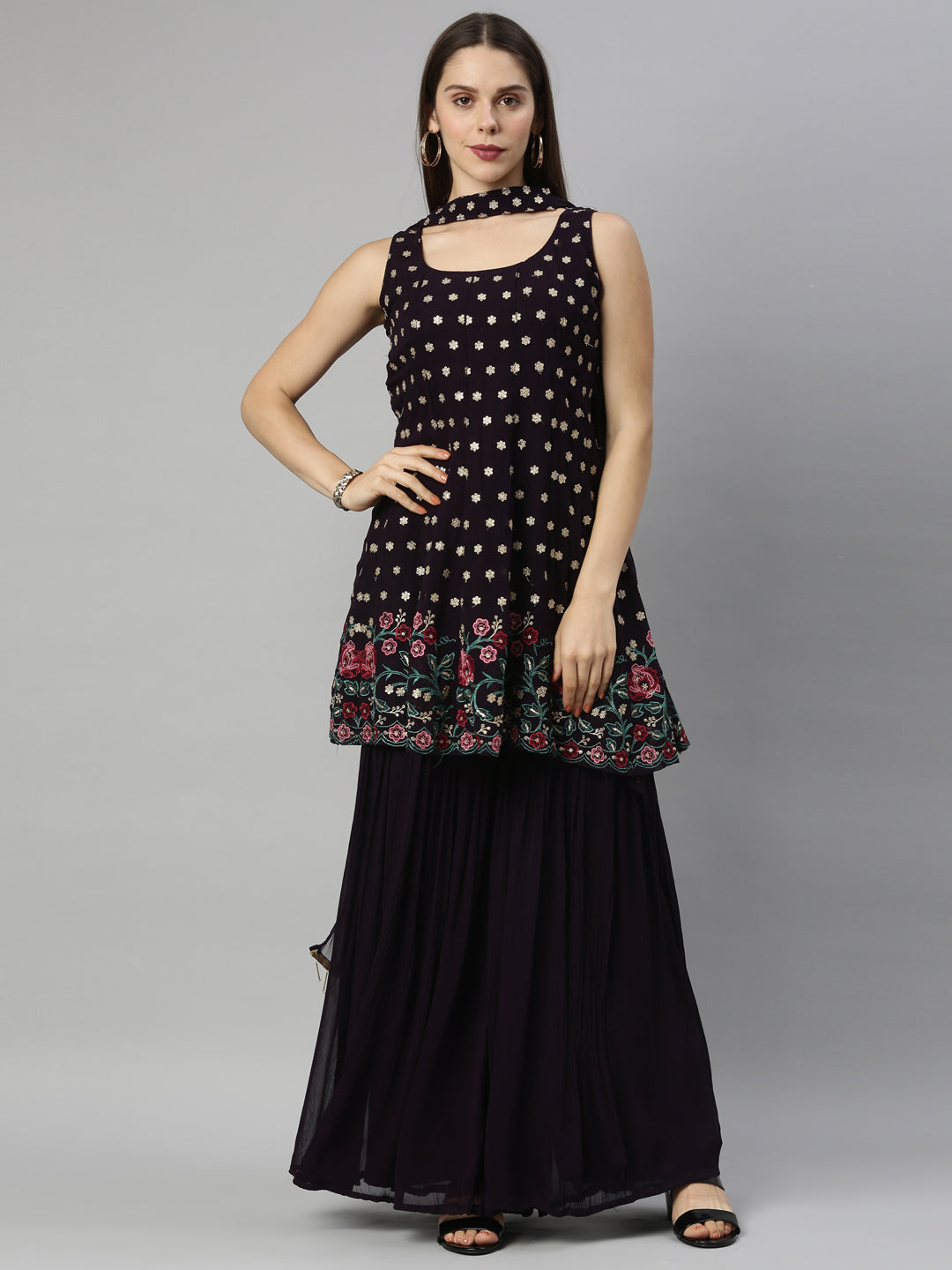 Neerus Maroon georgette anarkali suit set - front view