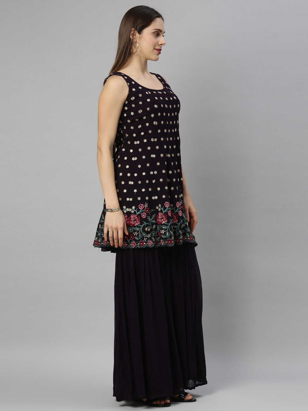 Neerus Maroon georgette anarkali suit set - detail view 1