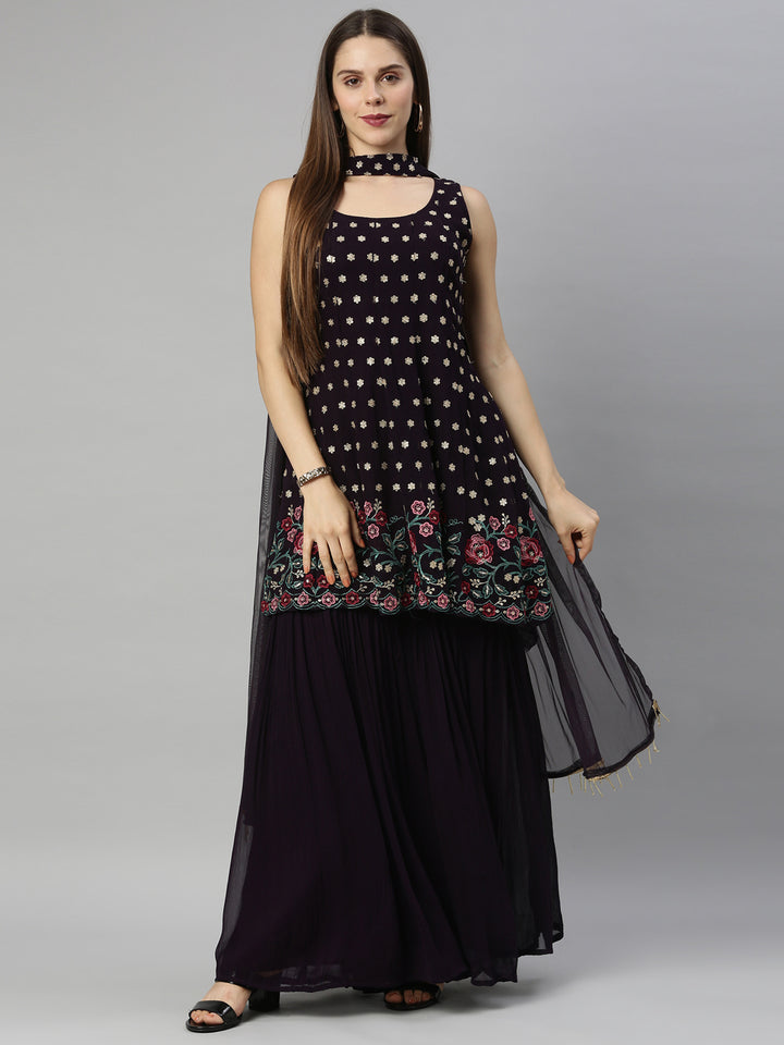 Neerus Maroon georgette anarkali suit set - back view
