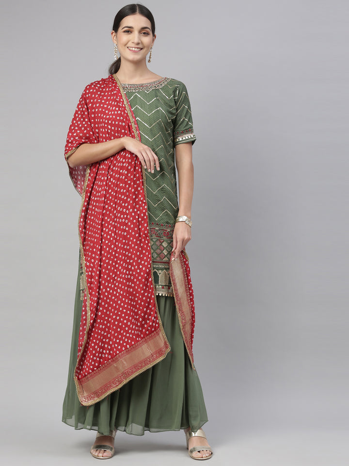 Neerus Green Chanderi printed kurta set - detail view 8