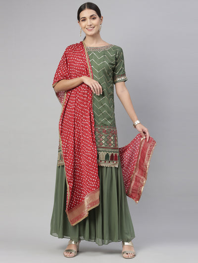 Neeru'S green color, chanderi fabric kurta set