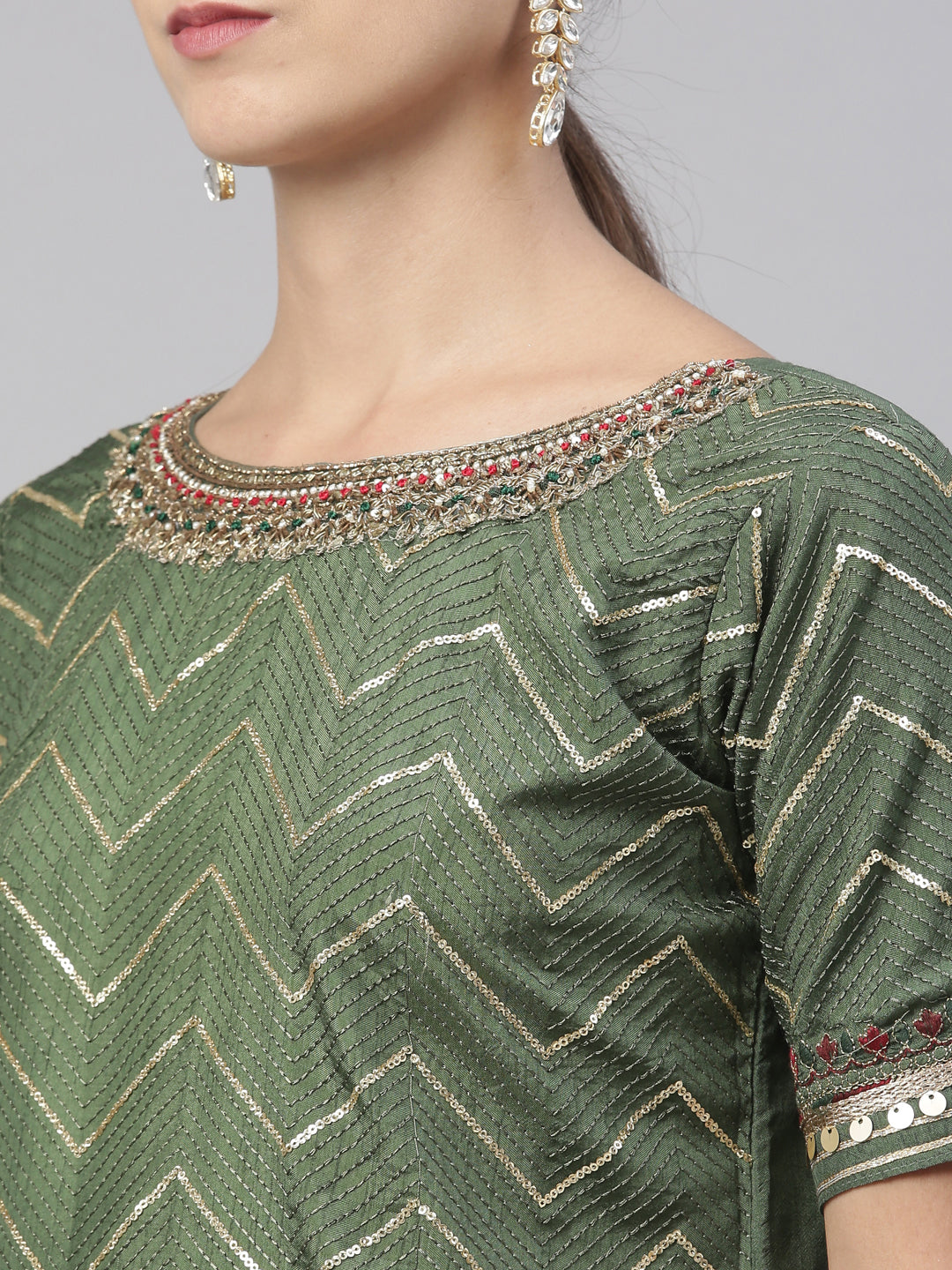 Neerus Green Chanderi printed kurta set - back view