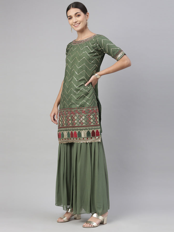 Neerus Green Chanderi printed kurta set - detail view 5