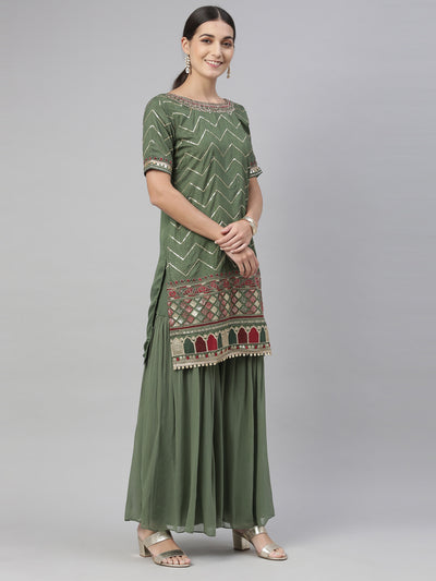 Neeru'S green color, chanderi fabric kurta set