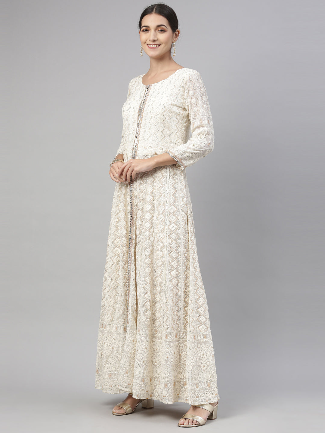 Neerus White georgette embroidered kurta set - detail view 3