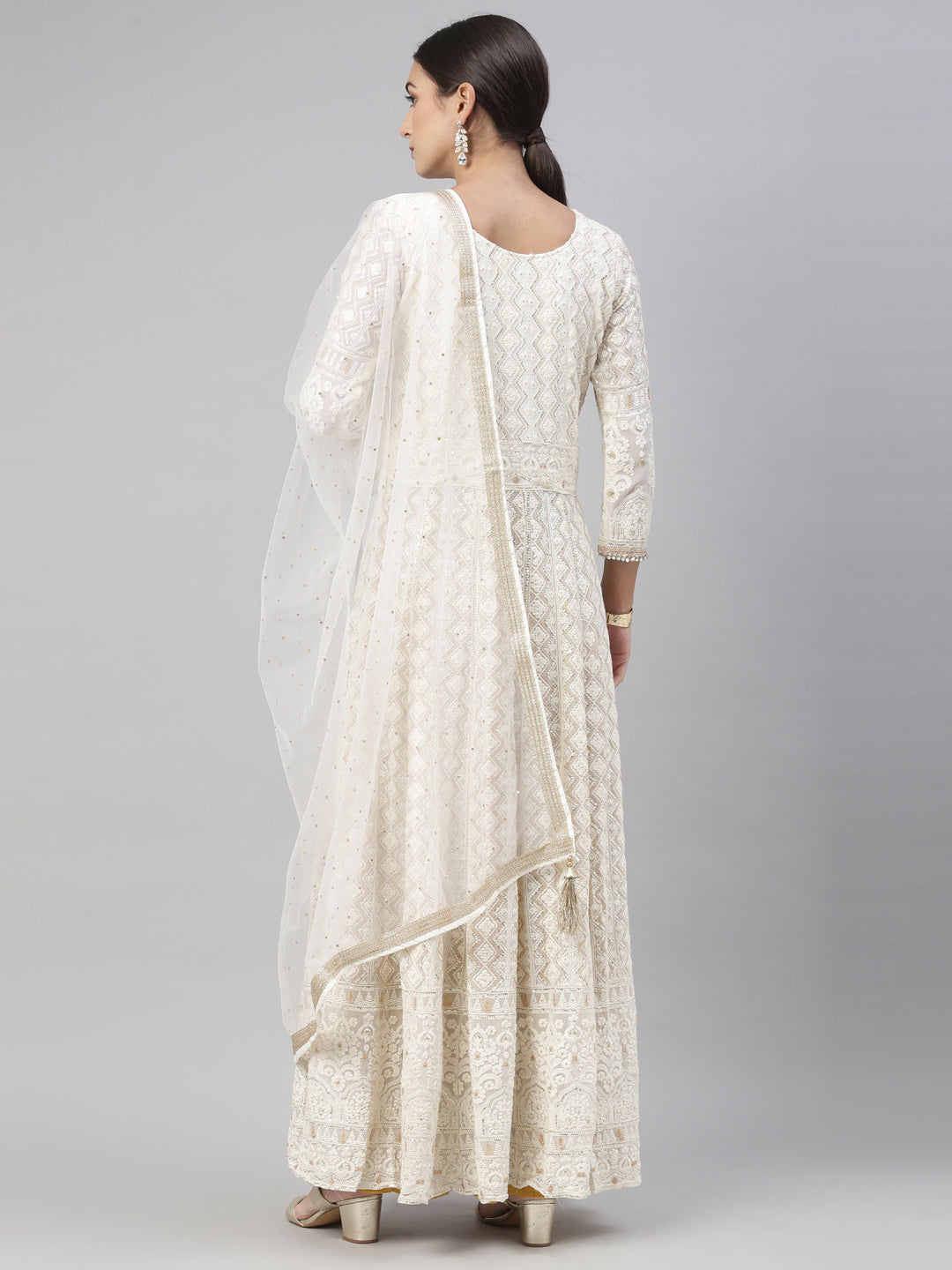 Neerus White georgette embroidered kurta set - detail view 5